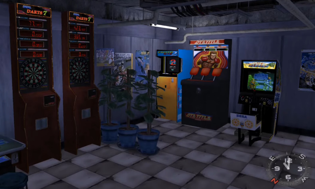 Screenshot of Shenmue (1999/2000) showing the interior of Game You Arcade.