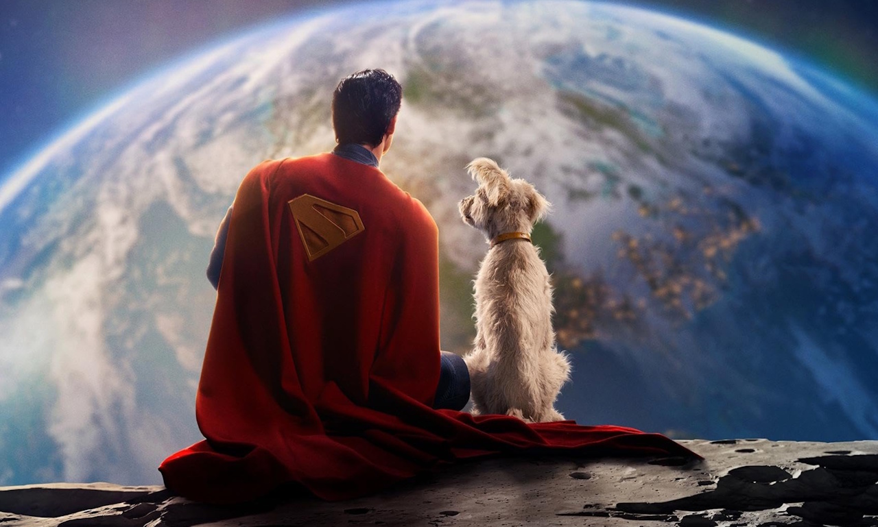 Promo photo for Superman (2025) showing Superman and his pet dog.