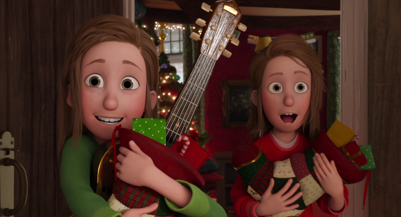 Still frame from That Christmas showing the Beccles twins with their gifts.