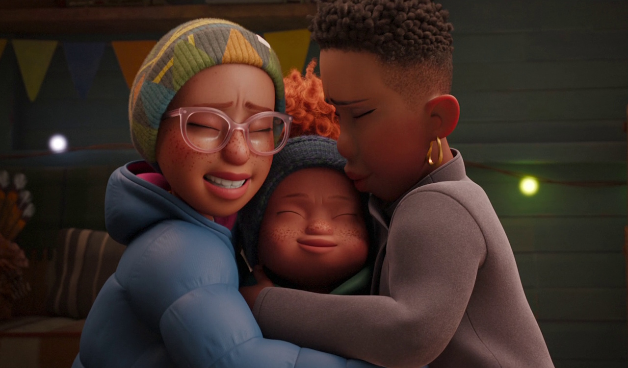 Still frame from That Christmas showing Bernadette, Evie, and their mother.