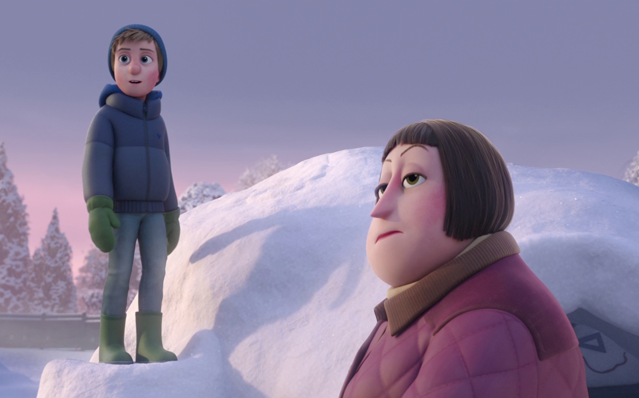 Still frame from That Christmas showing two characters building an igloo.