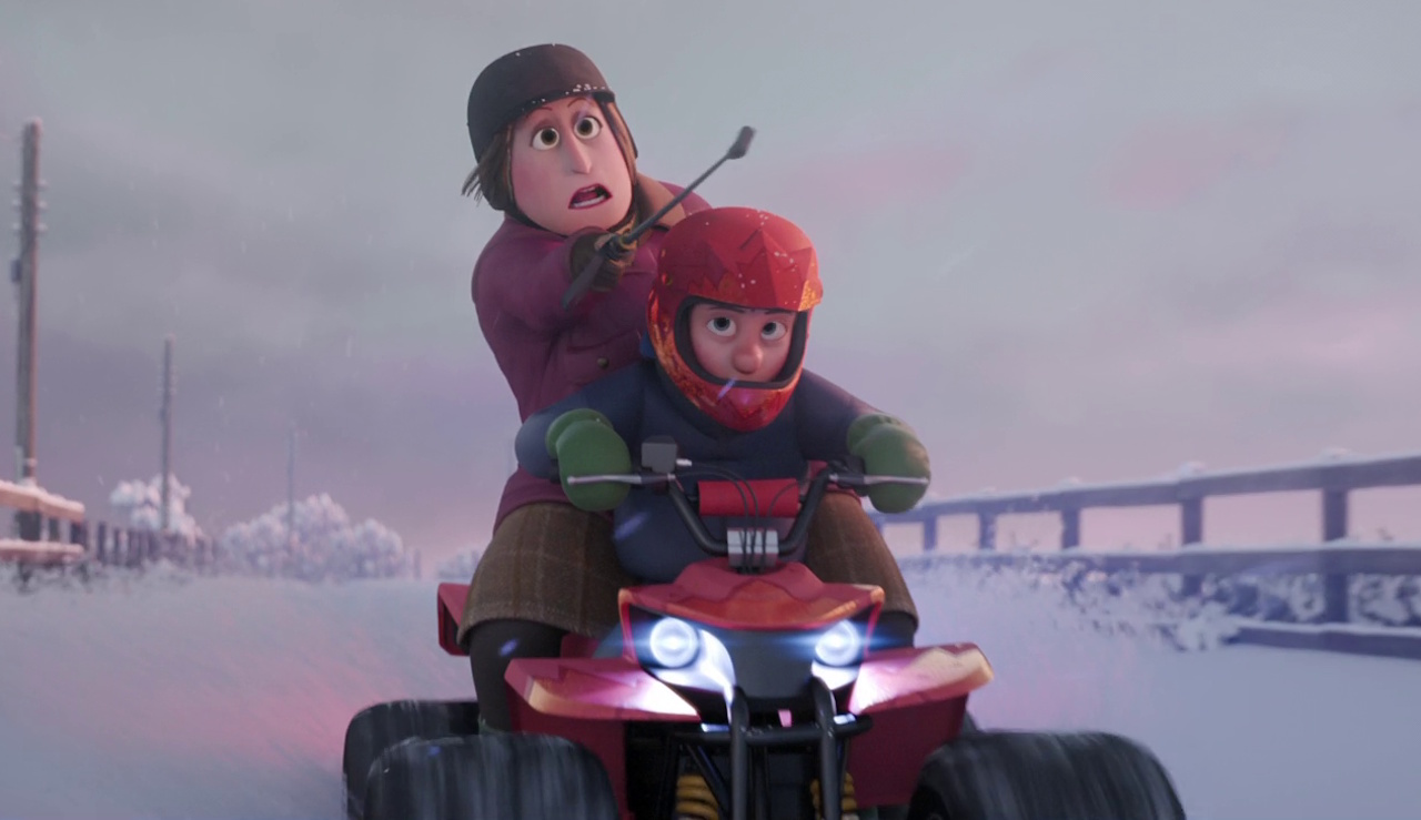Still frame from That Christmas showing Danny and Ms Trapper on a quad bike.