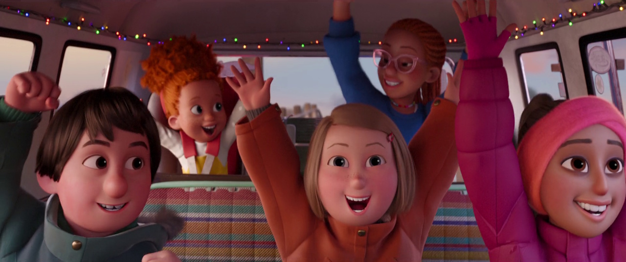 Still frame from That Christmas showing kids in a mini-bus.