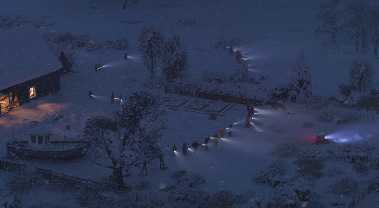 Still frame from That Christmas showing the search party from above.