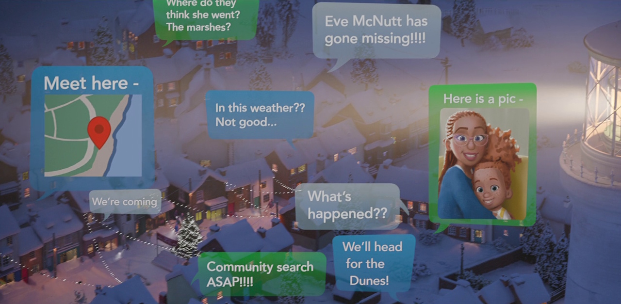 Still frame from That Christmas showing text messages about Evie going missing.