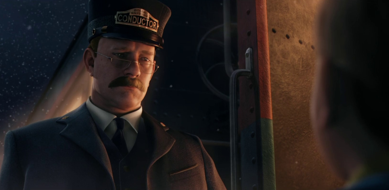 Still frame from The Polar Express showing the conductor and the Hero Boy.