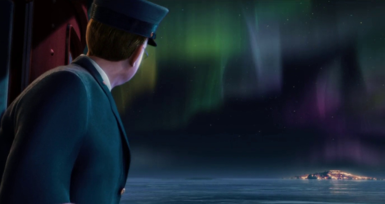 Still frame from The Polar Express showing the conductor, the northern lights, and the north pole.