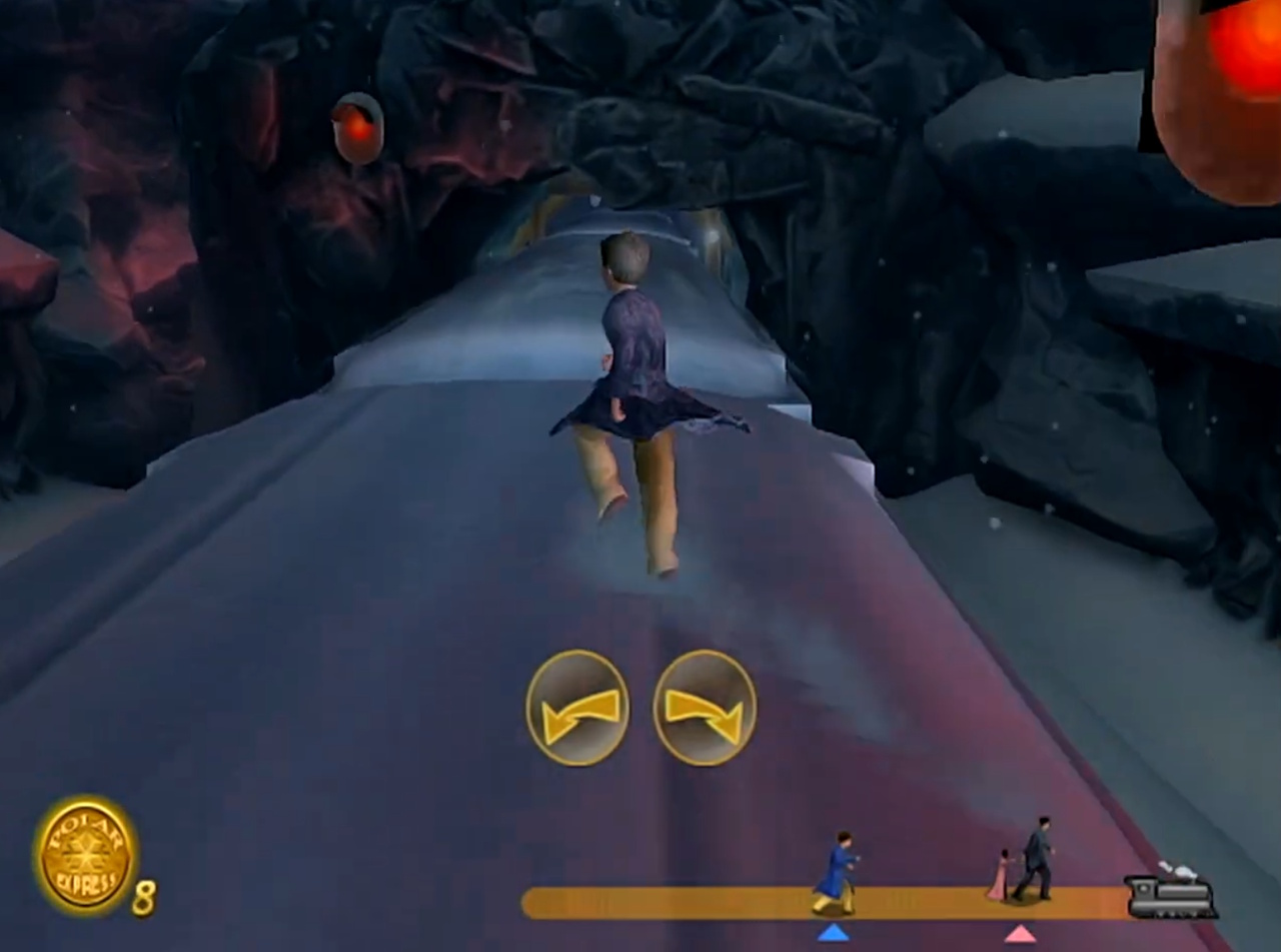 Screenshot of The Polar Express video game showing the main character on the train roof.