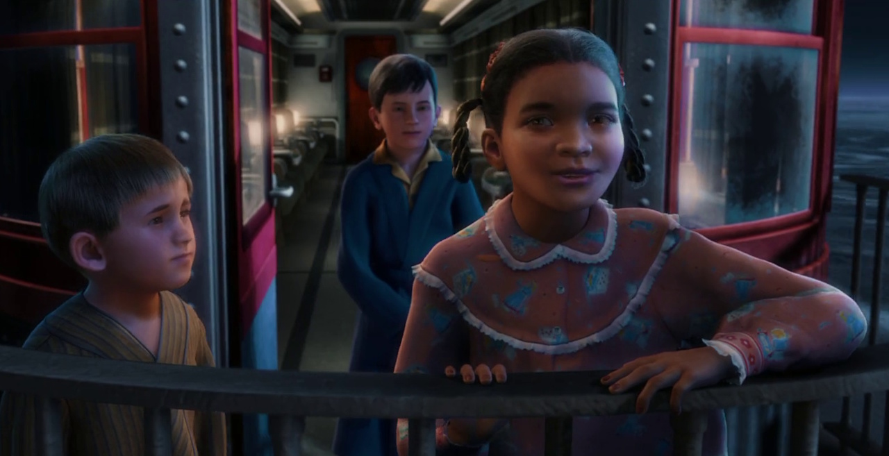 Still frame from The Polar Express showing the three kids singing the song Believe.