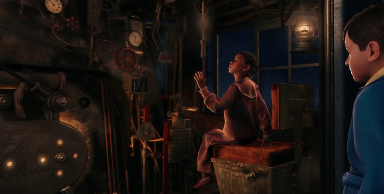 Still frame from The Polar Express showing the kids in the locomotive cab.
