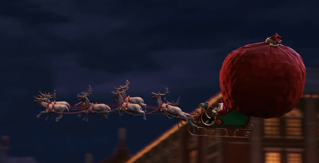 Still frame from The Polar Express showing Santa on his sleigh.