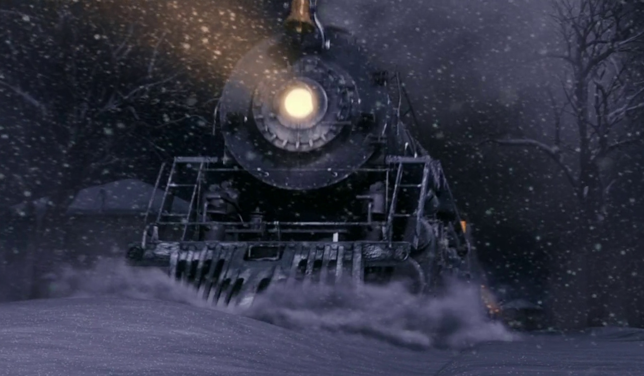 Still frame from The Polar Express showing the train in the snow.