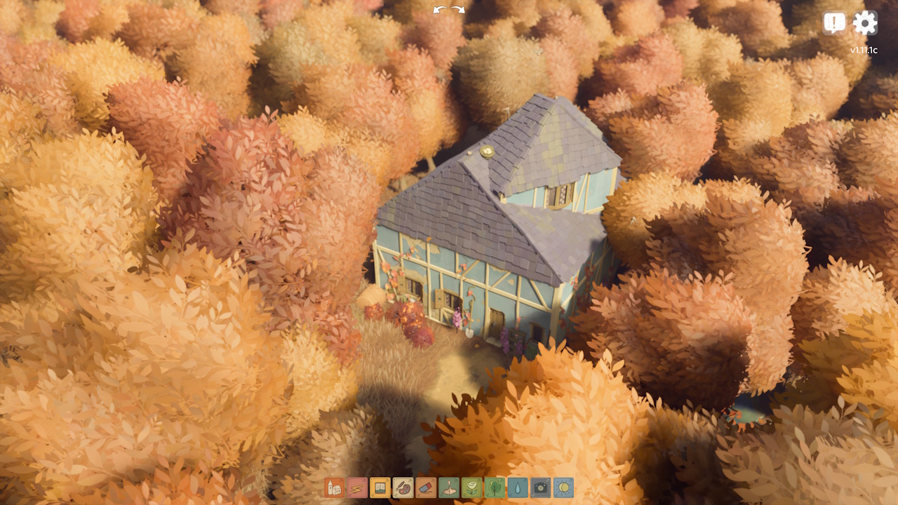 Screenshot of Tiny Glade showing a house in a forest.