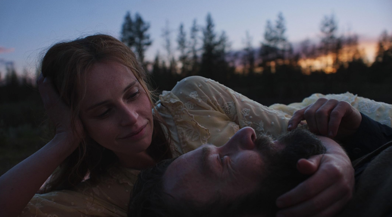 Promo photo for Train Dreams showing two of the main characters laying down.