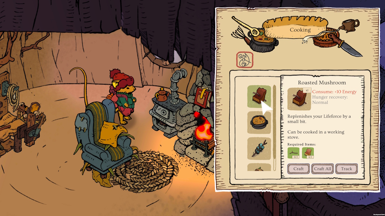 Promo screenshot of Winter Burrow showing the craft/cooking menu.