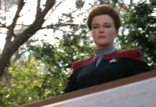 Still frame from Star Trek: Voyager showing Captain Janeway at the penal colony in the premiere.