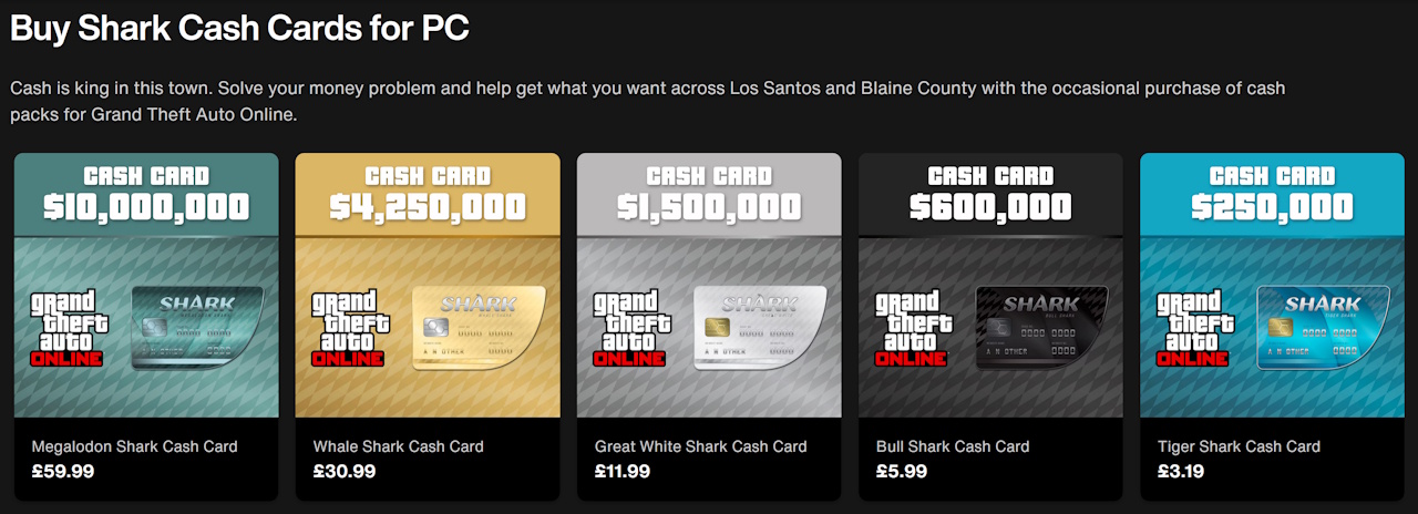 Screenshot of the Rockstar Store showing Grand Theft Auto V "Shark Cards" for sale at different price points.
