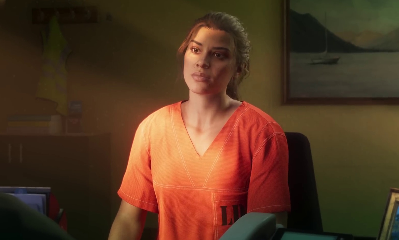 A still frame from the Grand Theft Auto VI trailer showing Lucia wearing an orange prison uniform.