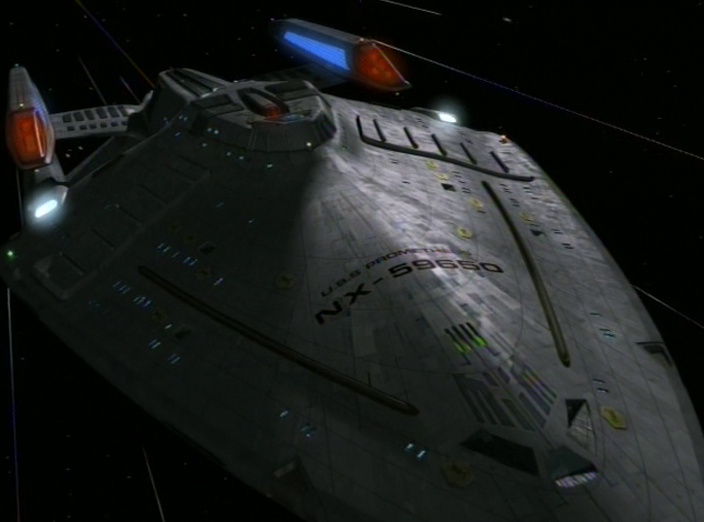 Still frame from Star Trek: Voyager showing the USS Prometheus at warp.