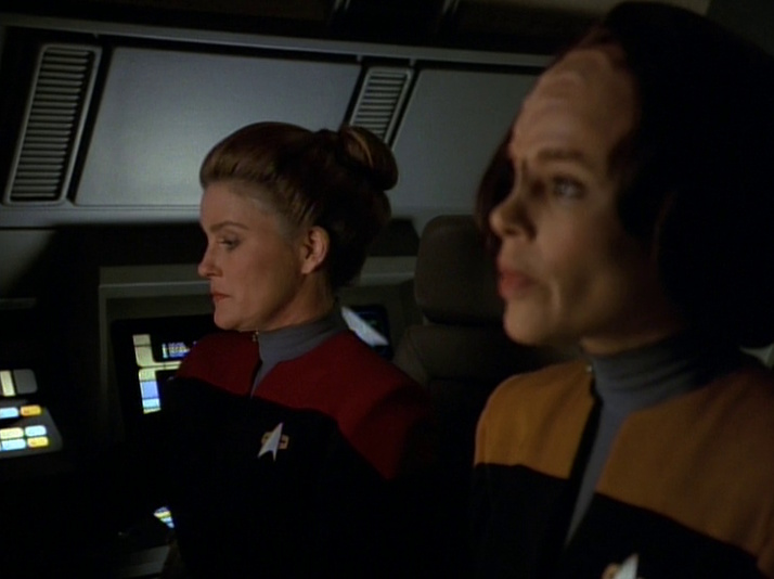 Still frame from Star Trek: Voyager showing Janeway and Torres on a shuttlecraft.