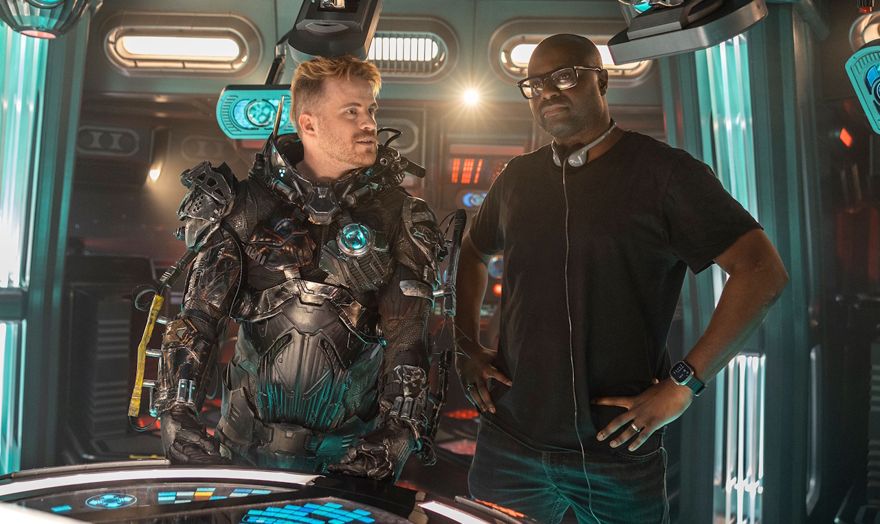 Behind-the-scenes photo from Star Trek: Section 31 showing Robert Kazinsky in character as Zeph with director Olatunde Osunsanmi.