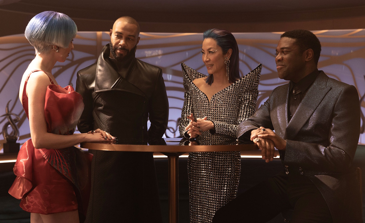 Promo photo from Star Trek: Section 31 (2025) showing Garrett, Sahar, Georgiou, and Quasi at a table.