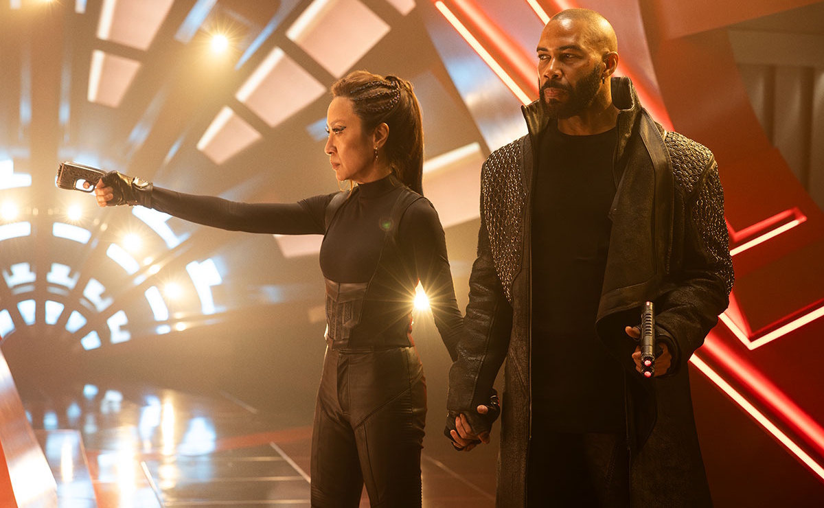 Promo photo from Star Trek: Section 31 (2025) showing Georgiou and Sahar holding phaser pistols.