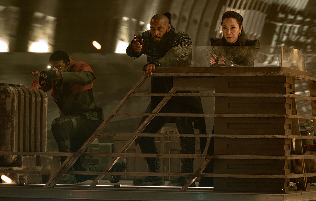 Promo photo from Star Trek: Section 31 (2025) showing Quasi, Sahar, and Georgiou holding phasers.