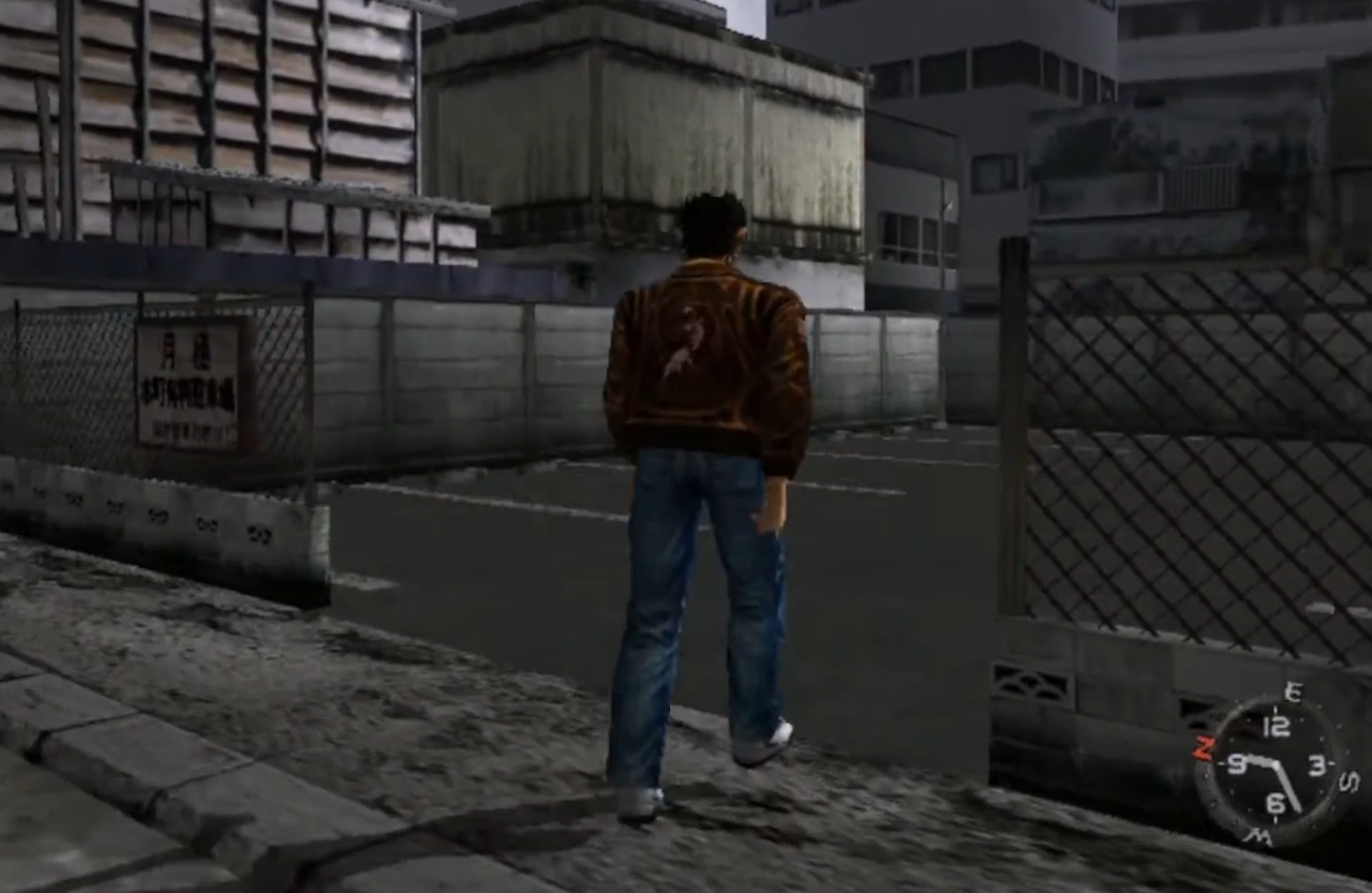 Screenshot of Shenmue (1999/2000) showing Ryo entering the parking lot.