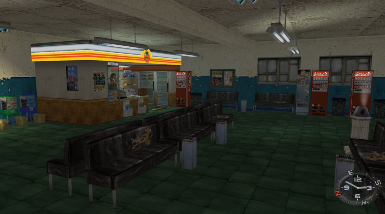 Screenshot of Shenmue (1999/2000) showing the harbour lounge while it's empty.