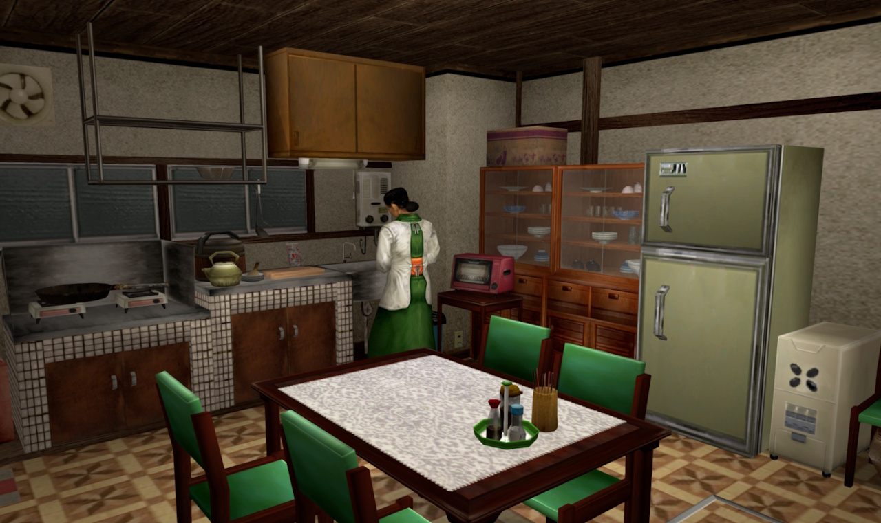Screenshot of Shenmue (1999/2000) showing the Hazuki kitchen, with Ine-san.