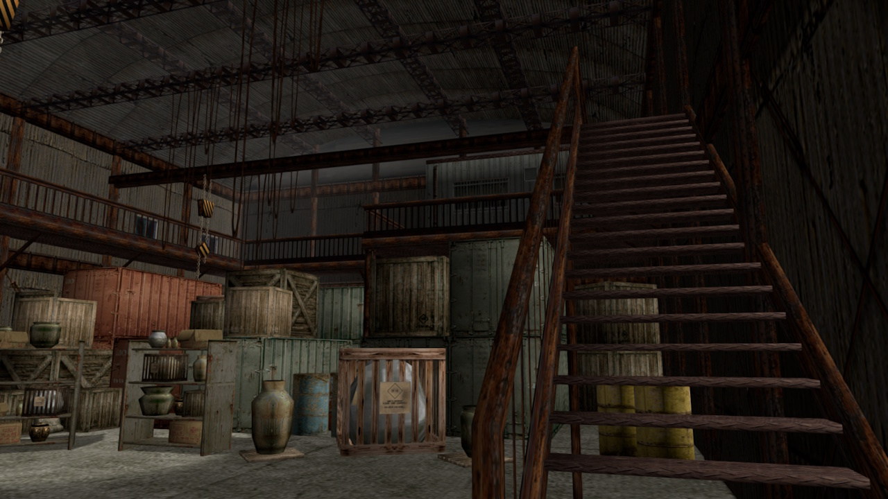 Screenshot of Shenmue (1999/2000) showing the interior of Warehouse #8.