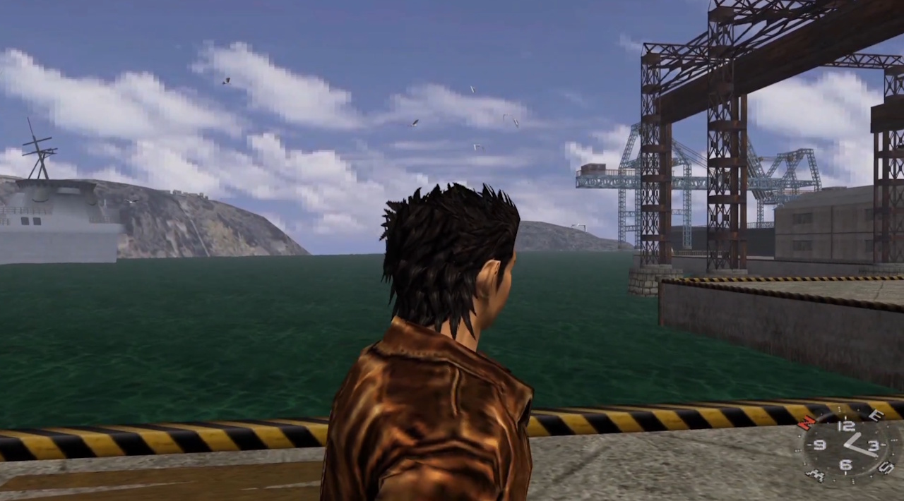 Screenshot of Shenmue (1999) showing Ryo at the harbour.