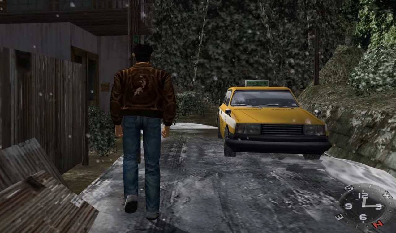 Screenshot of Shenmue (1999/2000) showing Ryo approaching a parked taxi.