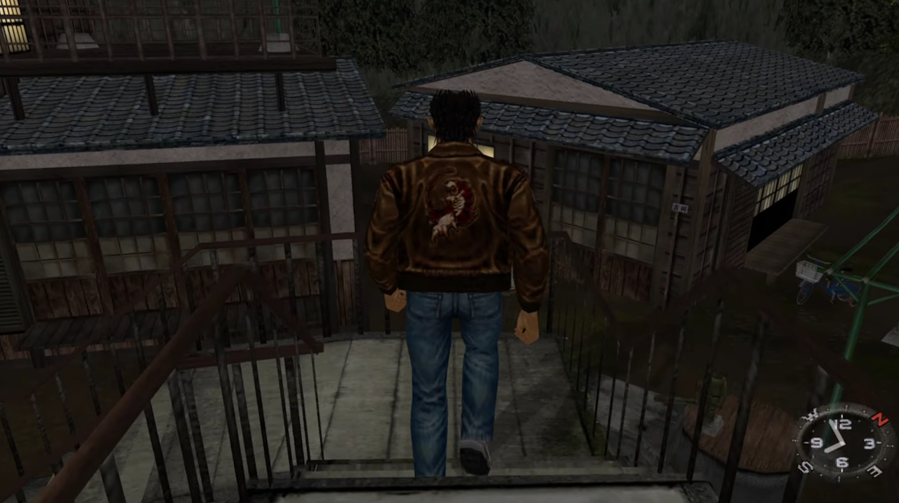 Screenshot of Shenmue (1999/2000) showing Ryo descending the stairs in Yamanose.