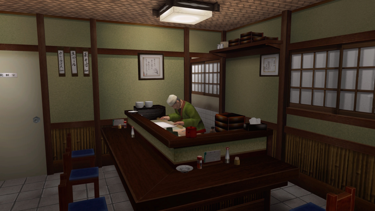 Screenshot of Shenmue (1999/2000) showing the inside of Yamaji Soba Noodles, including the owner.