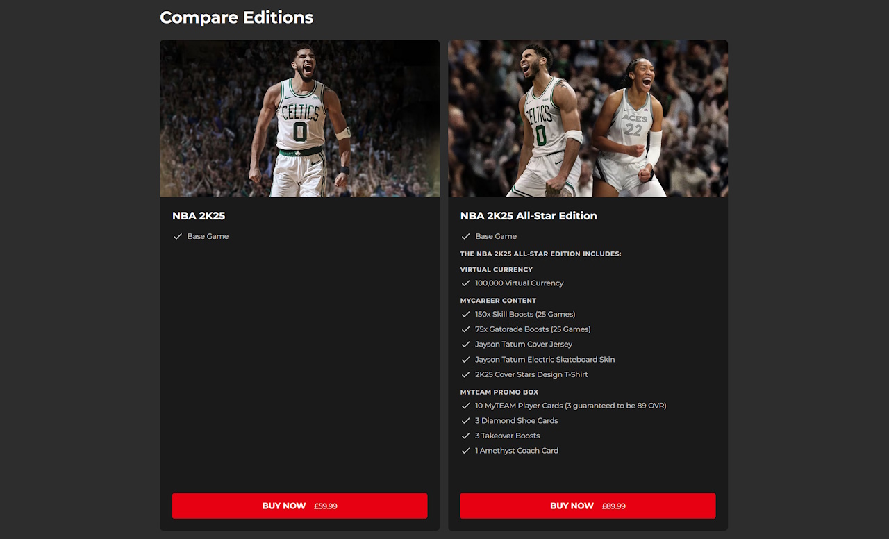 Screenshot of the different editions for NBA 2K25.