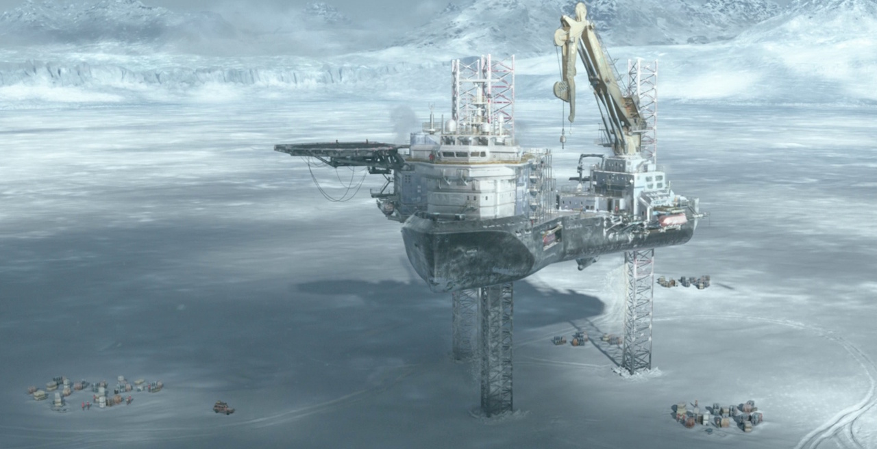 Still frame from The Rig Season 2 (2025) showing a CGI shot of the Stac.