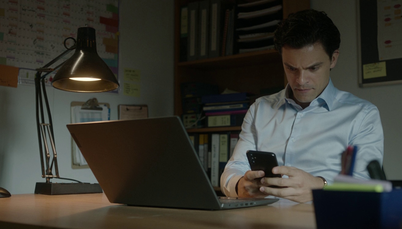 Still frame from The Rig Season 2 (2025) showing York using his smartphone.
