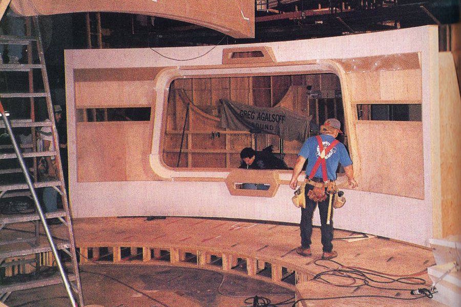 Behind-the-scenes photo from Star Trek: Voyager showing the bridge set under construction.