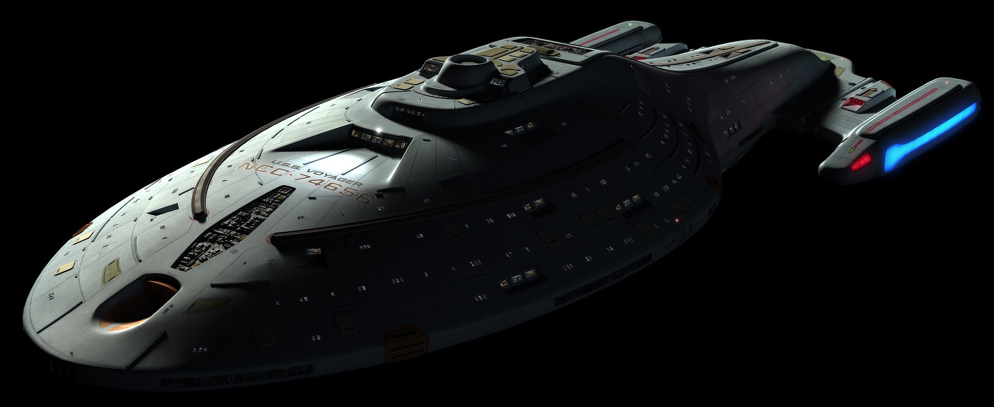 A high-definition digital render of the USS Voyager from TrekCore.