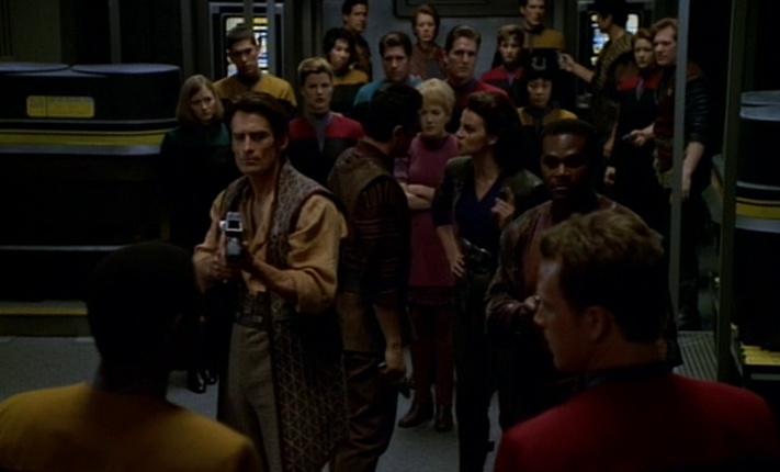 Still frame from Star Trek: Voyager showing a Maquis rebellion (on the holodeck!)