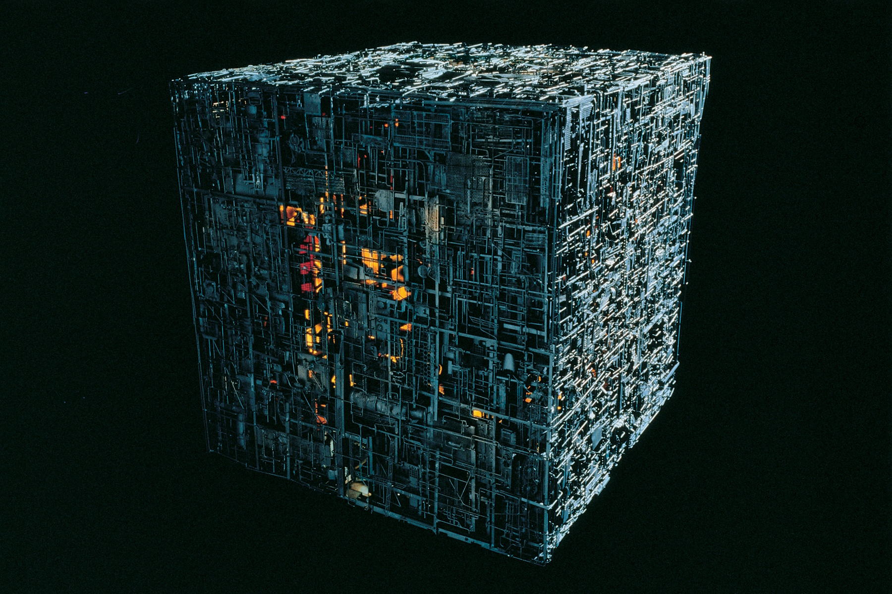 Behind-the-scenes photo from The Next Generation showing the original model of the Borg cube.