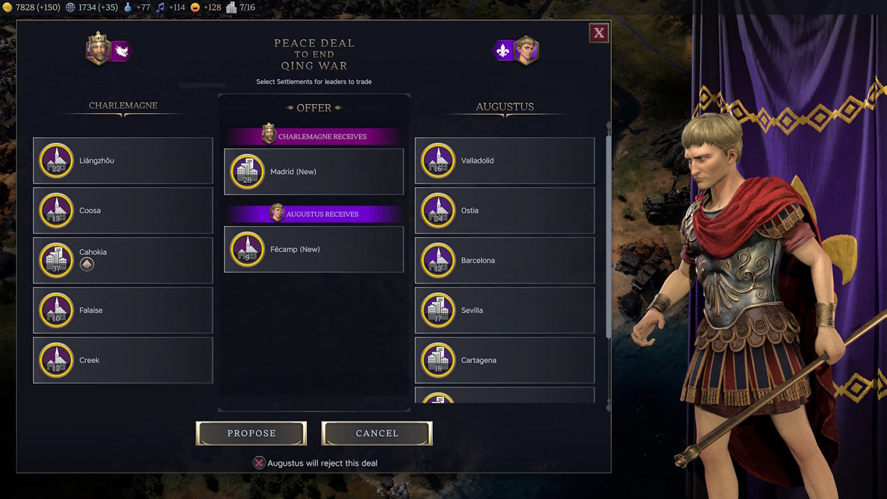 Screenshot of Civilization VII (2025) showing the peace treaty screen.