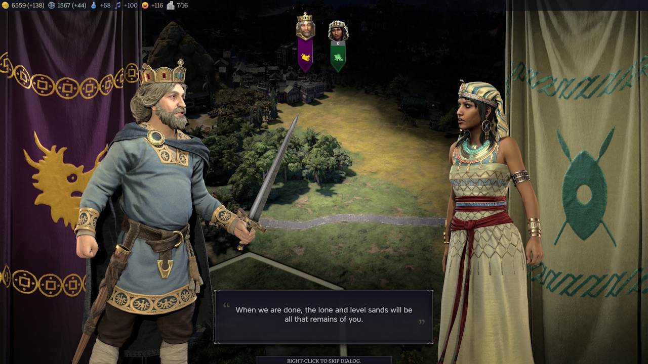 Screenshot of Civilization VII (2025) showing two leaders declaring war.