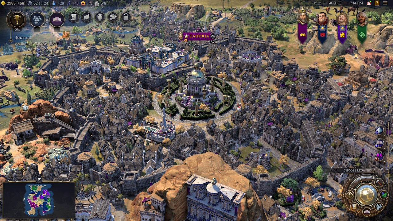 Screenshot of Civilization VII (2025) showing a city with a wonder and a palace.
