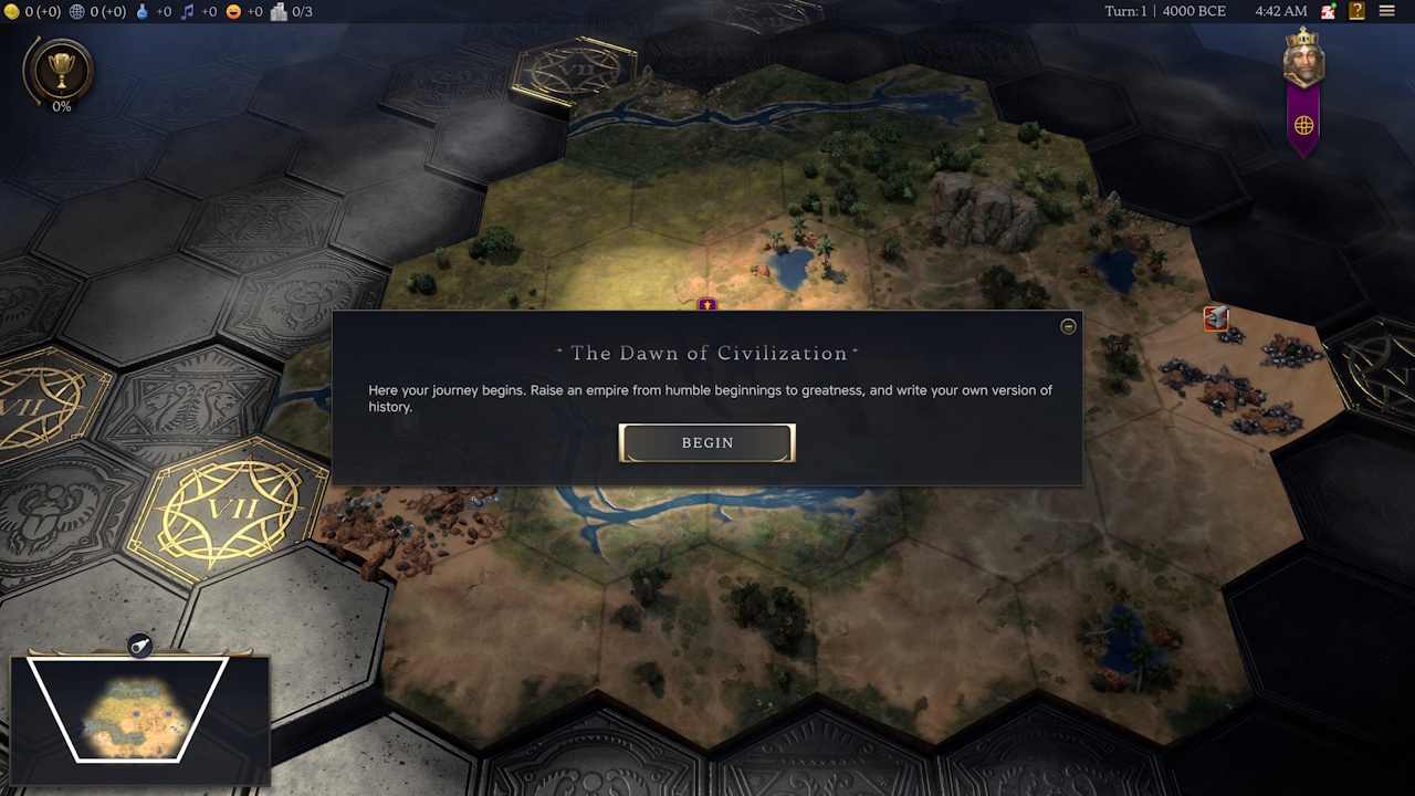 Screenshot of Civilization VII (2025) showing the beginning of a new game.