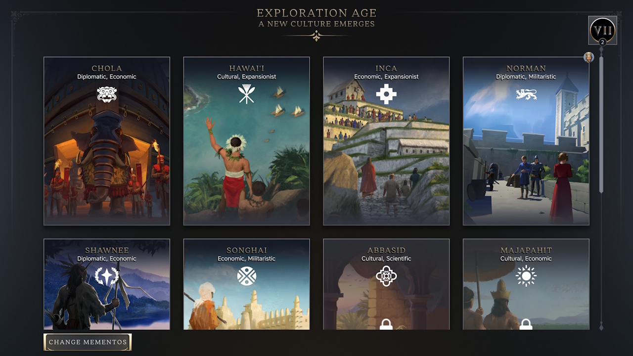 Screenshot of Civilization VII (2025) showing the civ selection screen at the beginning of the Exploration Age.