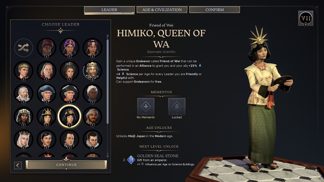 Screenshot of Civilization VII (2025) showing the leader selection screen.