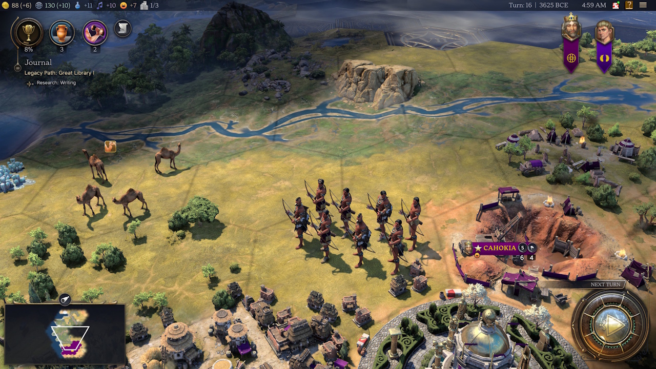 Screenshot of Civilization VII (2025) showing a small settlement and a unit of Mississippian Burning Arrow.